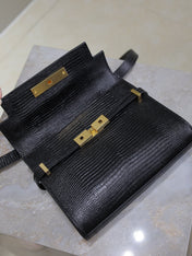 YSL 25S MINI MANHATTAN 19 IN BLACK SHINY CROCODILE CALFSKIN GOLD HARDWARE