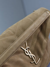 YSL 25S LOULOU PUFFER GM 35 IN TAN BROWN SUEDE GOLD HARDWARE