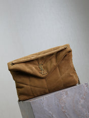 YSL 25S LOULOU PUFFER GM 35 IN TAN BROWN SUEDE GOLD HARDWRE