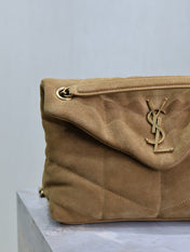 YSL 25S LOULOU PUFFER MM 29 IN TAN BROWN SUEDE GOLD HARDWRE
