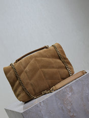 YSL 25S LOULOU PUFFER MINI 23 IN TAN BROWN SUEDE GOLD HARDWRE