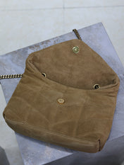 YSL 25S LOULOU PUFFER MINI 23 IN TAN BROWN SUEDE GOLD HARDWRE