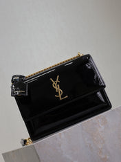YSL 25S SUNSET MEDIUM 22 IN BLACK SHINY CALFSKIN GOLD HARDWARE