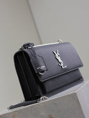 YSL 25S SUNSET MEDIUM 22 IN BLACK GRAINED CALFSKIN SILVER HARDWARE