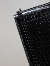 YSL 25S SUNSET MEDIUM 22 IN BLACK CROCODILE-EMBOSSED SHINY CALFSKIN BLACK HARDWARE