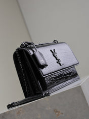 YSL 25S SUNSET MEDIUM 22 IN BLACK CROCODILE-EMBOSSED SHINY CALFSKIN BLACK HARDWARE