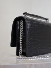 SUNSET SMALL BAG 19 IN BLACK CROCODILE-EMBOSSED CALFSKIN SILVER HARDWARE