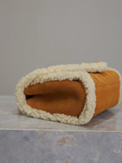 ENVELOPE CHAIN BAG 21 IN BRONZE BROWN SUEDE AND WHITE SHEARLING TRIM GOLD HARDWARE