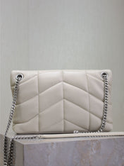 YSL 25S LOULOU PUFFER MM 29 IN SMOKEY TAUPE CALFSKIN SILVER HARDWARE
