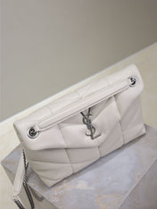 YSL 25S LOULOU PUFFER MM 29 IN SMOKEY TAUPE CALFSKIN SILVER HARDWRE