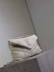 YSL 25S LOULOU PUFFER MINI 23 IN SMOKEY TAUPE CALFSKIN SILVER HARDWARE