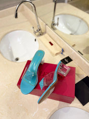 HIGH MULE 60MM IN AQUA BLUE SHEEPSKIN AND TRANSPARENT PVC