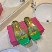 VALENTINO 26S FLAT SLIDES IN GREEN MIX GOLD LAMBSKIN WITH CRYSTAL