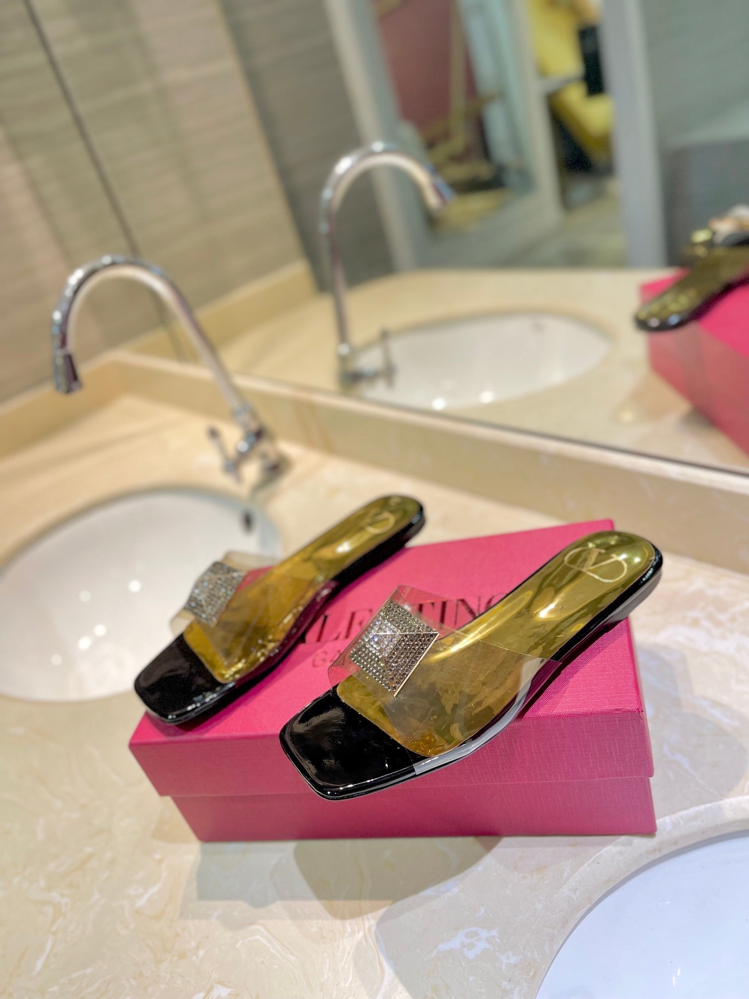 VALENTINO 26S FLAT SLIDES IN BLACK MIX GOLD LAMBSKIN WITH CRYSTAL