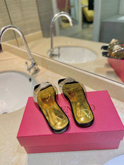 VALENTINO 26S FLAT SLIDES IN BLACK MIX GOLD LAMBSKIN WITH CRYSTAL