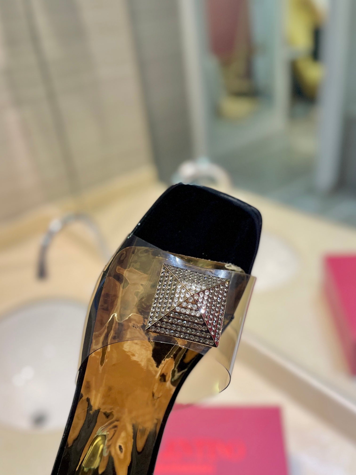 VALENTINO 26S FLAT SLIDES IN BLACK MIX GOLD LAMBSKIN WITH CRYSTAL