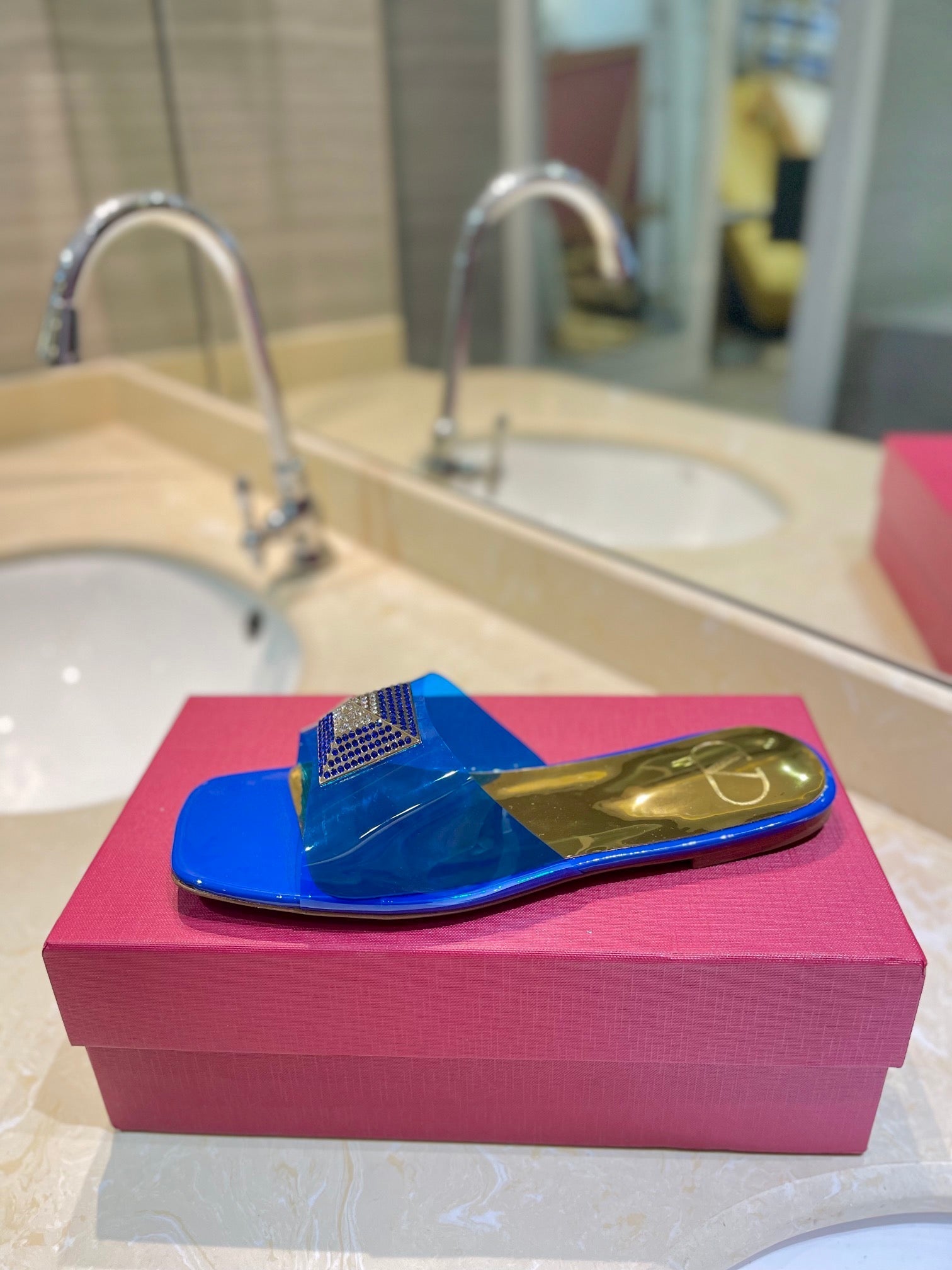VALENTINO 26S FLAT SLIDES IN BLUE MIX GOLD LAMBSKIN WITH CRYSTAL