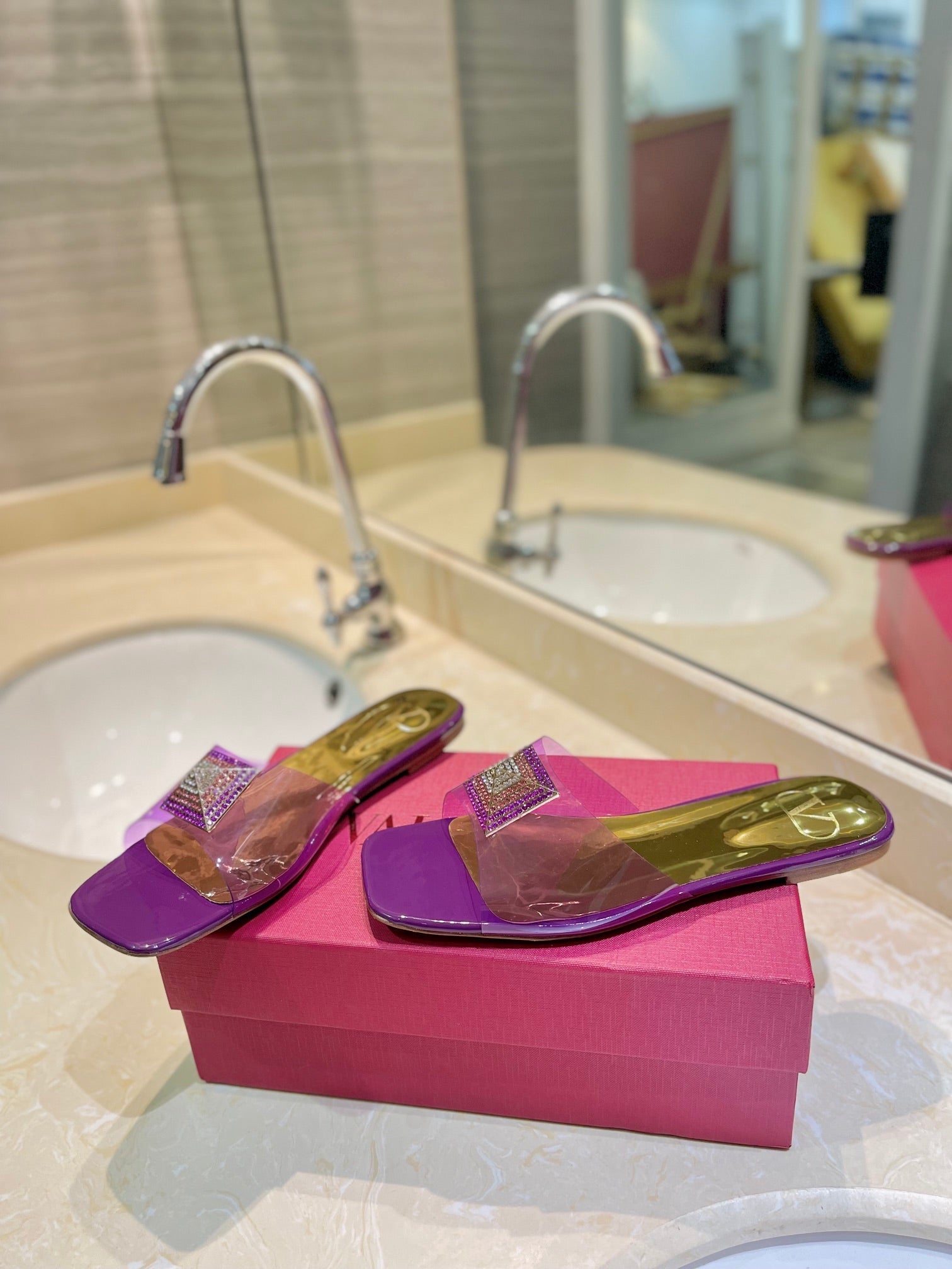 VALENTINO 26S FLAT SLIDES IN PURPLE MIX GOLD LAMBSKIN WITH CRYSTAL
