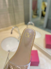 VALENTINO 26S FLAT SLIDES IN BEIGE LAMBSKIN WITH CRYSTAL