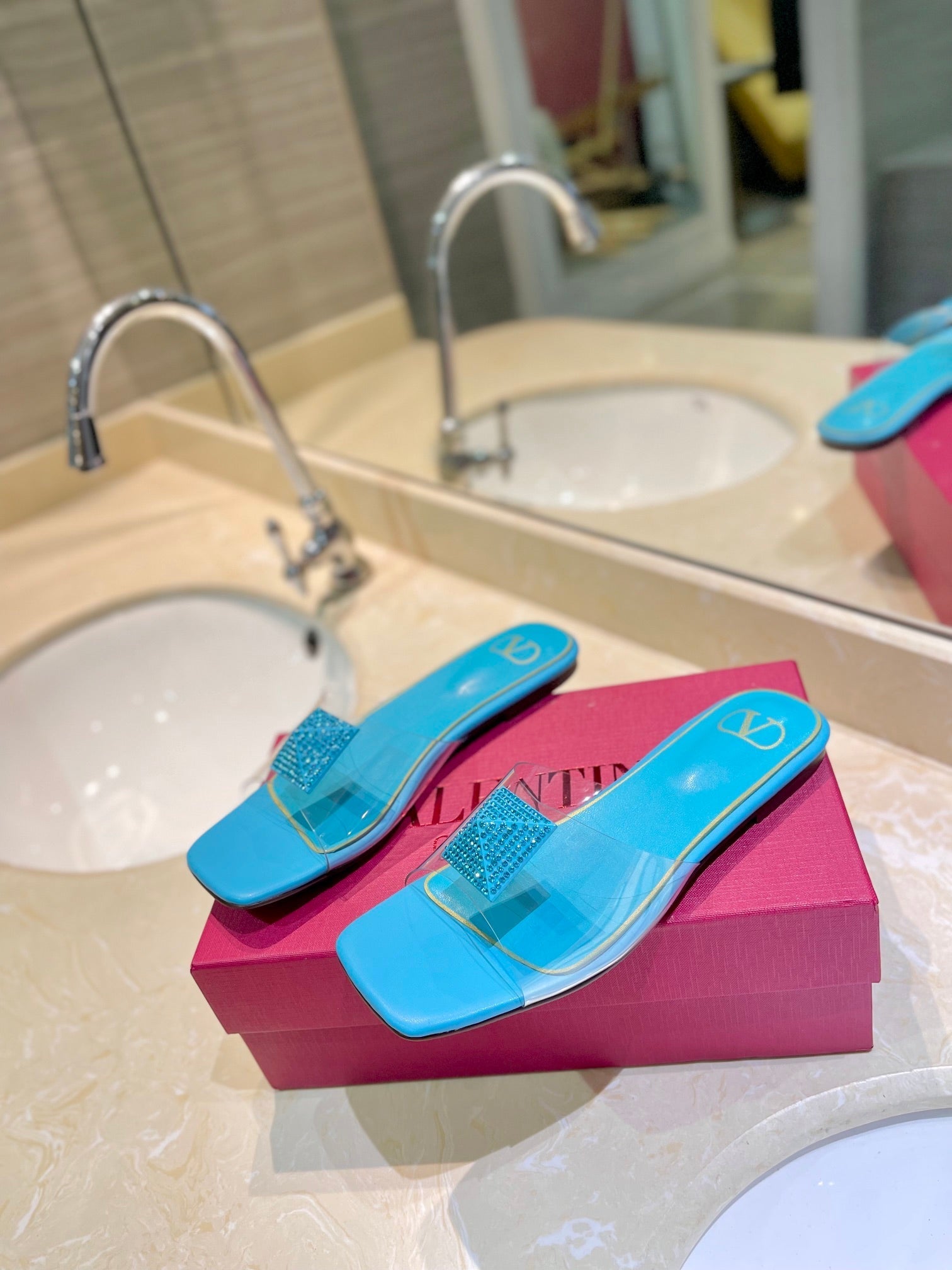 VALENTINO 26S FLAT SLIDES IN LIGHT BLUE LAMBSKIN WITH CRYSTAL