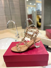 ROCKSTUD SANDAL WITH STRAP IN CAMEL BROWN CALFSKIN 60 MM