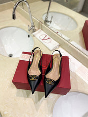 VALENTINO 26S POINTED TOE FLAT SLINGBACKS IN BLACK CALFSKIN