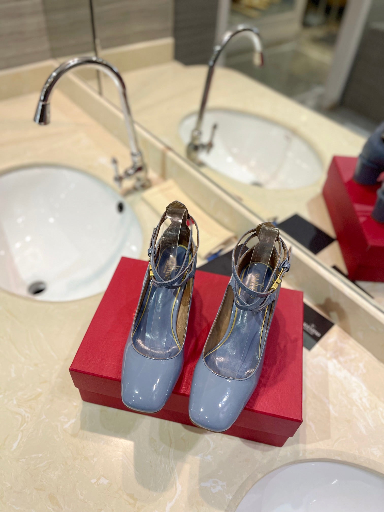 VALENTINO 26S ANKLE STRAP PUMPS 60 MM IN PASTEL BLUE PATENT CALFSKIN