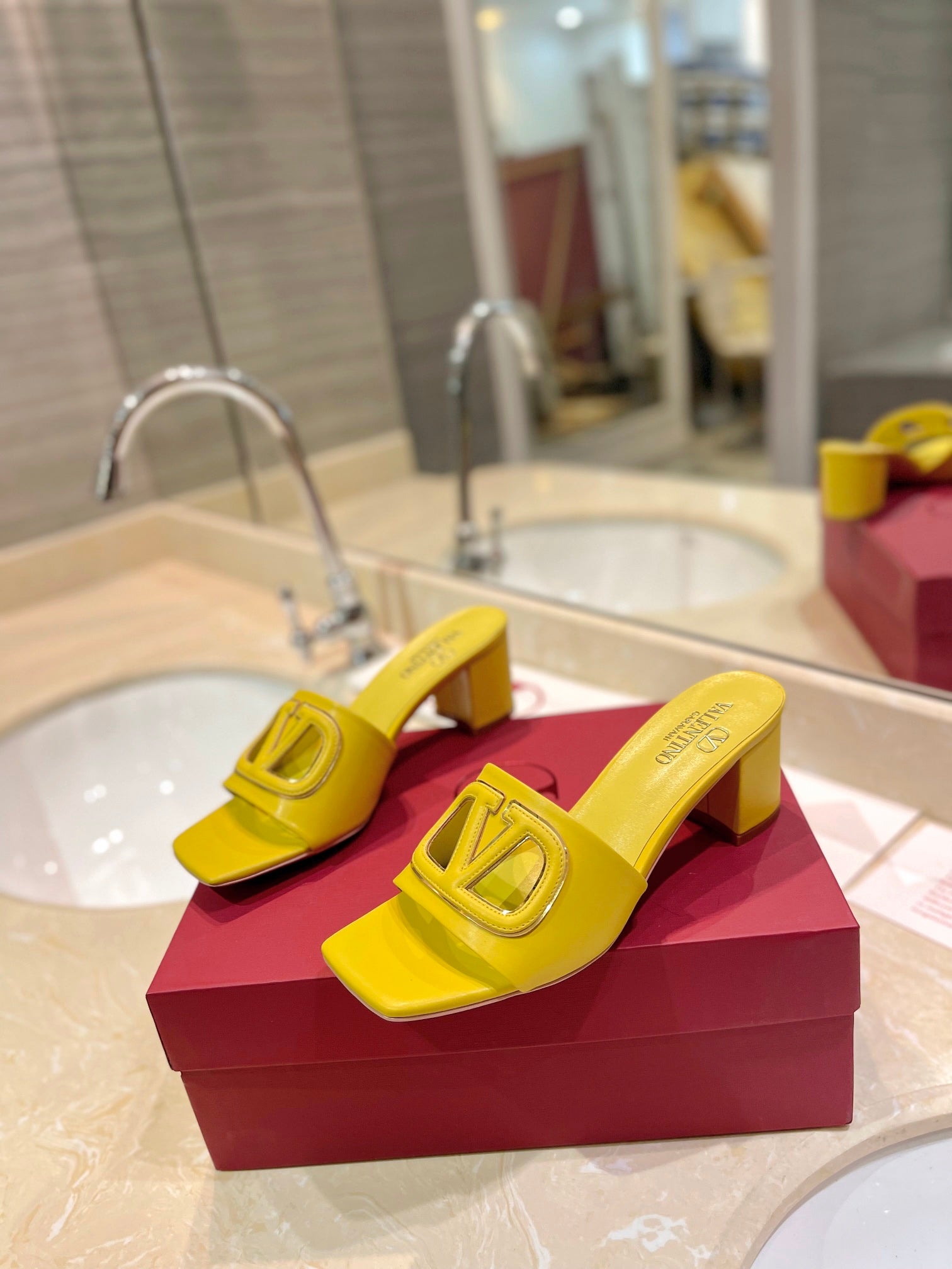 VALENTINO 26S BLOCK-HEEL SANDALS 65 MM IN DARK YELLOW CALFSKIN WITH LOGO