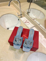 VALENTINO 26S BLOCK-HEEL SANDALS 65 MM IN PASTEL BLUE CALFSKIN WITH LOGO