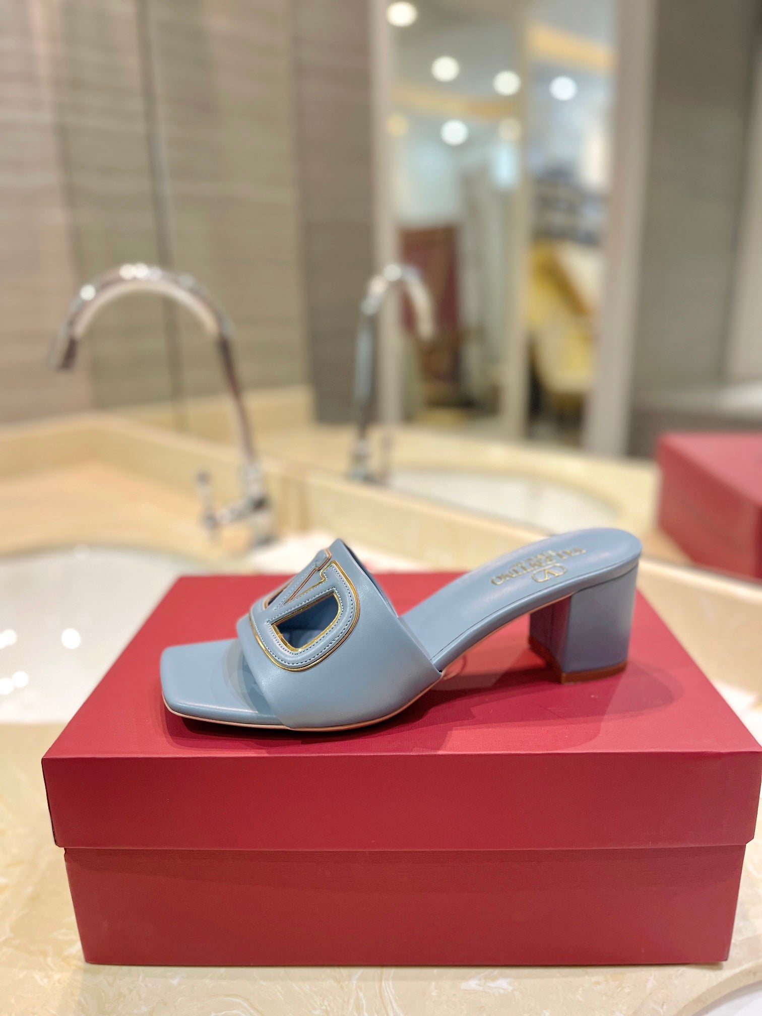 VALENTINO 26S BLOCK-HEEL SANDALS 65 MM IN PASTEL BLUE CALFSKIN WITH LOGO