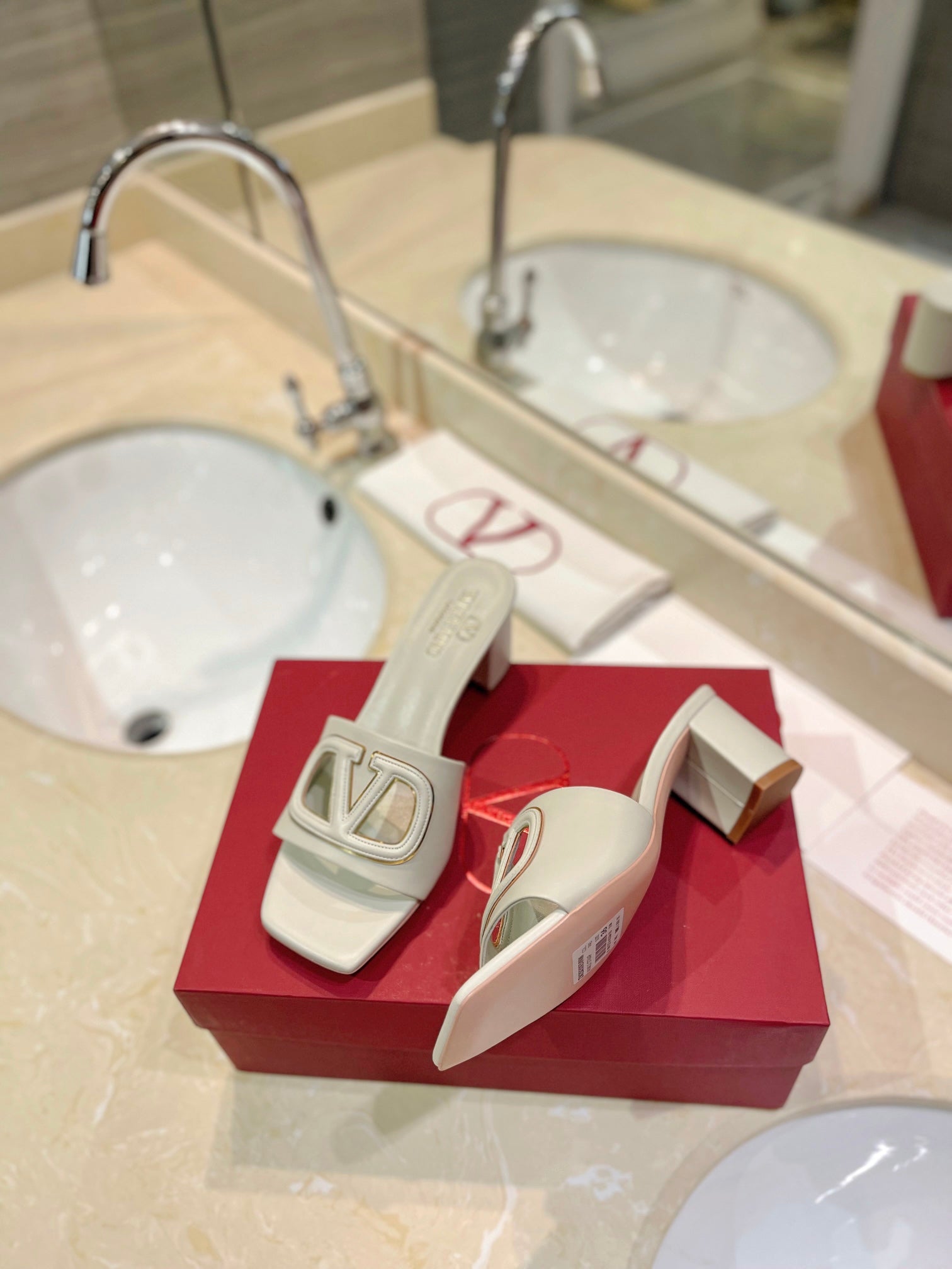 VALENTINO 26S BLOCK-HEEL SANDALS 65 MM IN CREAM WHITE CALFSKIN WITH LOGO
