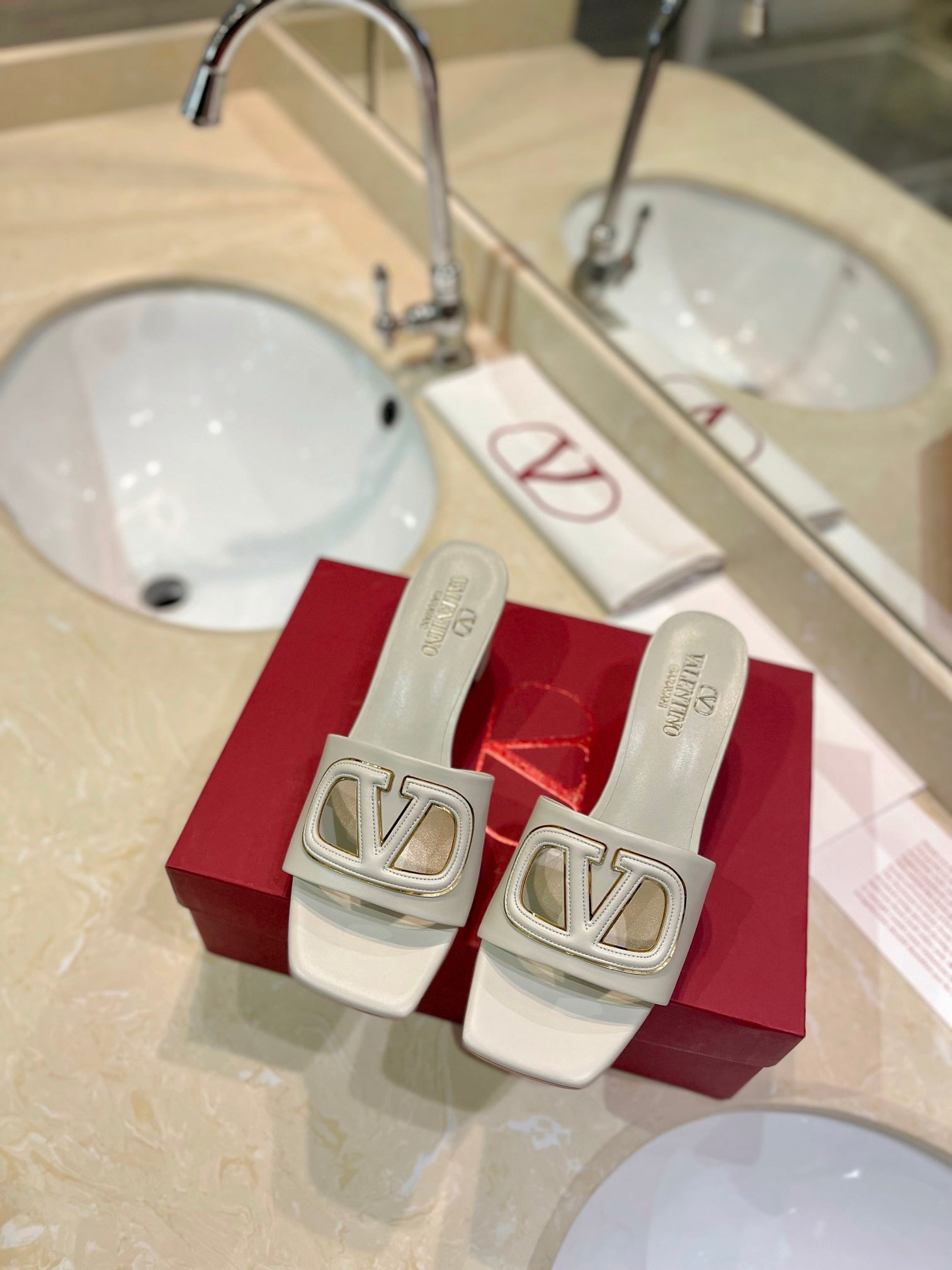 VALENTINO 26S BLOCK-HEEL SANDALS 65 MM IN CREAM WHITE CALFSKIN WITH LOGO