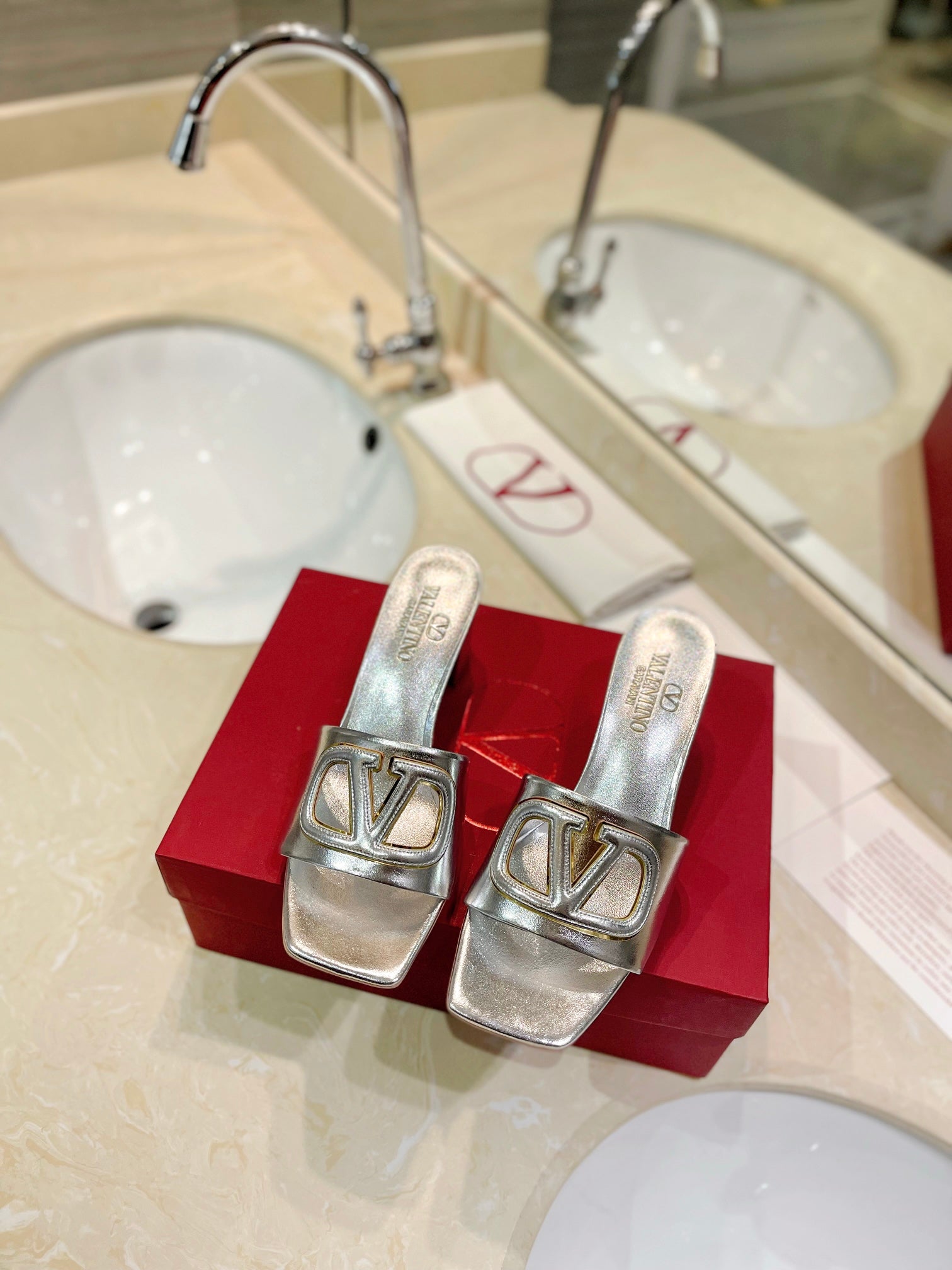 VALENTINO 26S BLOCK-HEEL SANDALS 65 MM IN SILVER CALFSKIN WITH LOGO