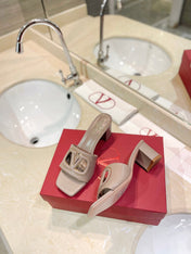 VALENTINO 26S BLOCK-HEEL SANDALS 65 MM IN BEIGE CALFSKIN WITH LOGO