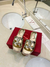 VALENTINO 26S SLIDES IN GOLD CALFSKIN WITH LOGO