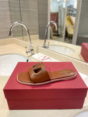 VALENTINO 26S SLIDES IN BROWN CALFSKIN WITH LOGO