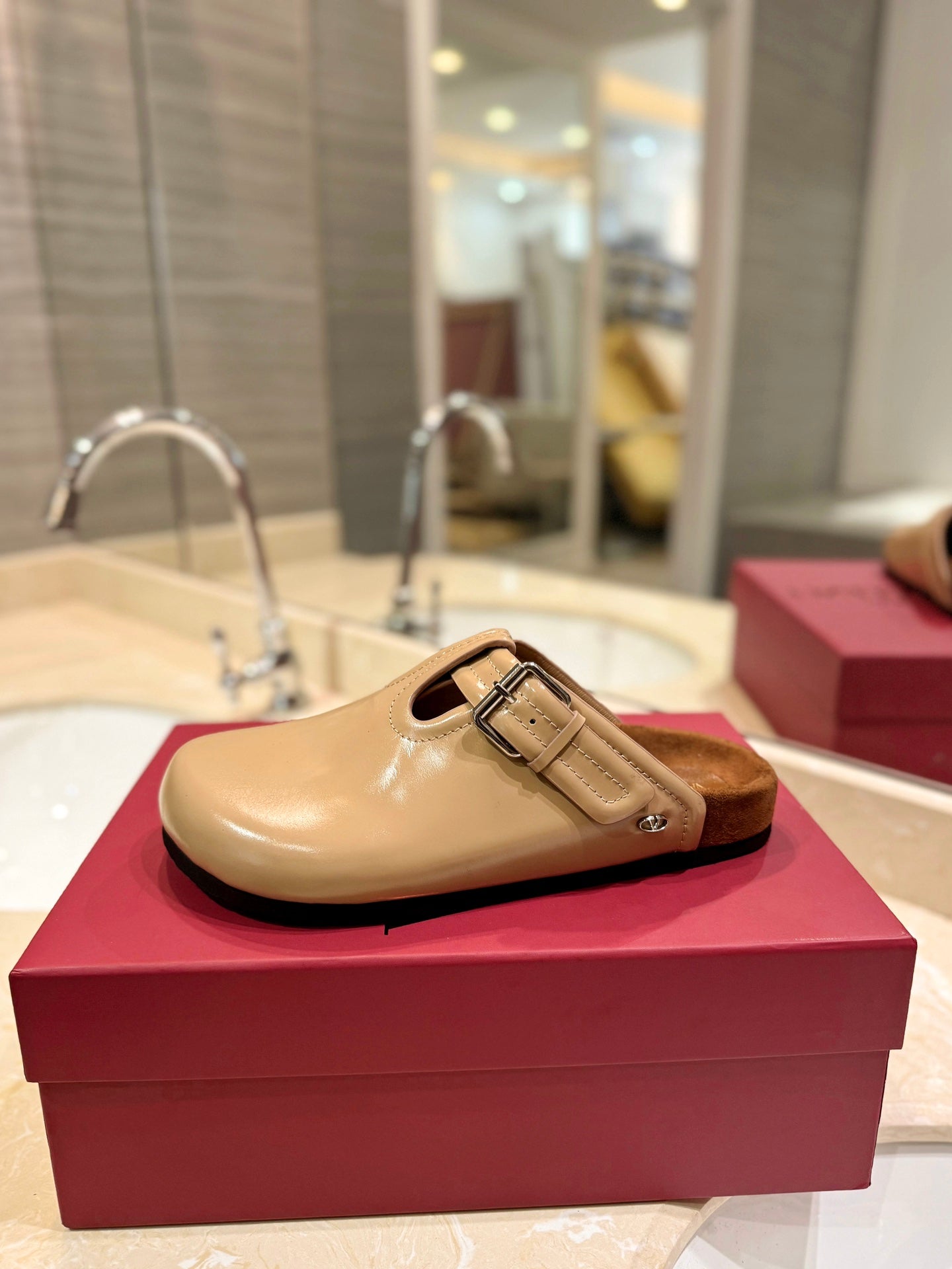 VALENTINO 26S FLAT MULES IN BEIGE PATENT CALFSKIN