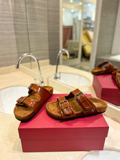 VALENTINO 26S FOOTBED SANDALS IN BROWN GLOSSY LEATHER MIX SUEDE