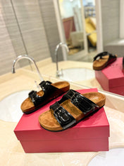 VALENTINO 26S FOOTBED SANDALS IN BLACK GLOSSY LEATHER MIX BROWN SUEDE
