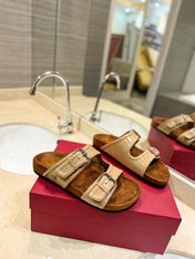VALENTINO 26S FOOTBED SANDALS IN BEIGE GLOSSY LEATHER MIX BROWN SUEDE