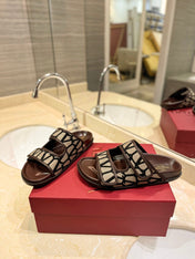 VALENTINO 26S VELCRO SANDALS IN BROWN LEATHER AND BEIGE JACQUARD FABRIC