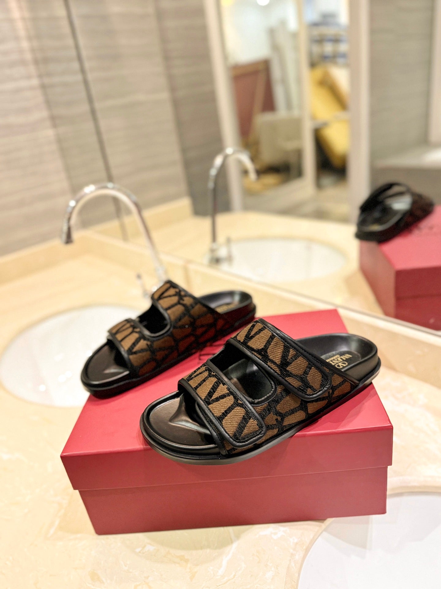 VALENTINO 26S VELCRO SANDALS IN BROWN AND BLACK JACQUARD FABRIC