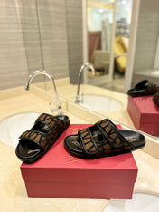 VALENTINO 26S VELCRO SANDALS IN BROWN AND BLACK JACQUARD FABRIC