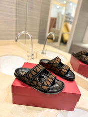 VALENTINO 26S VELCRO SANDALS IN BROWN AND BLACK JACQUARD FABRIC