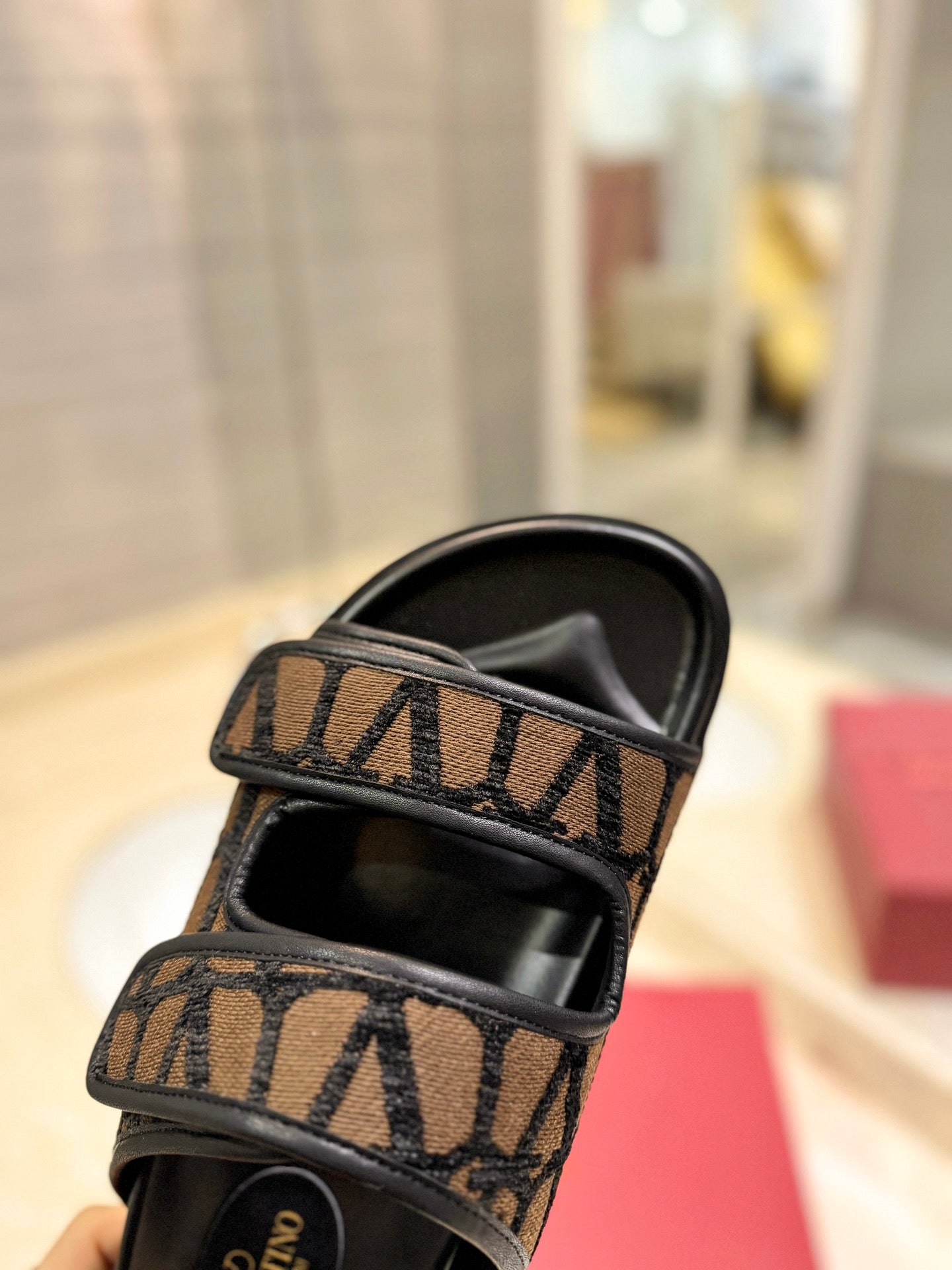 VALENTINO 26S VELCRO SANDALS IN BROWN AND BLACK JACQUARD FABRIC