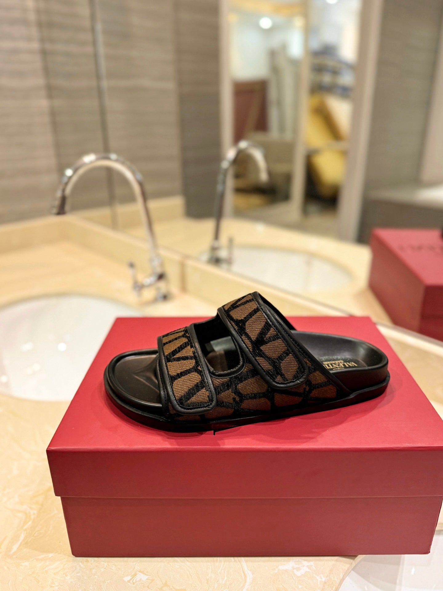 VALENTINO 26S VELCRO SANDALS IN BROWN AND BLACK JACQUARD FABRIC