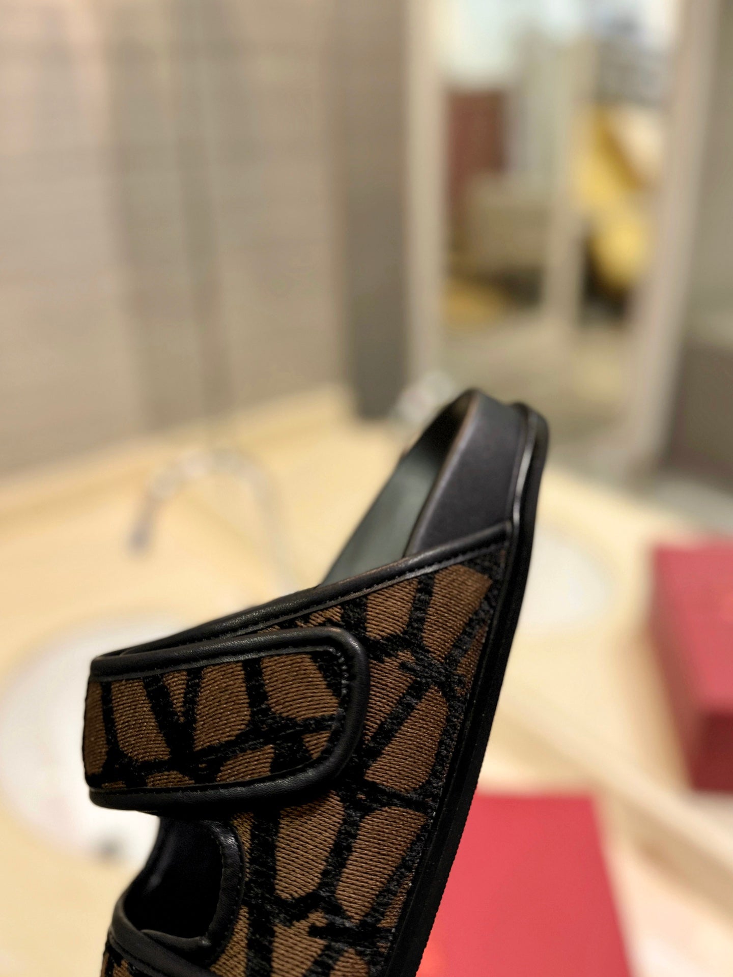 VALENTINO 26S VELCRO SANDALS IN BROWN AND BLACK JACQUARD FABRIC