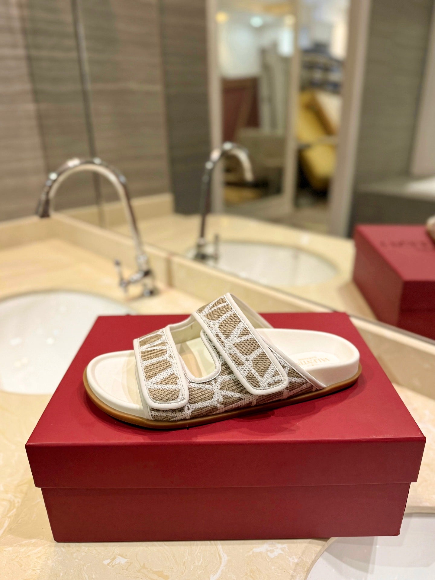 VALENTINO 26S VELCRO SANDALS IN CREAM WHITE AND BEIGE JACQUARD FABRIC