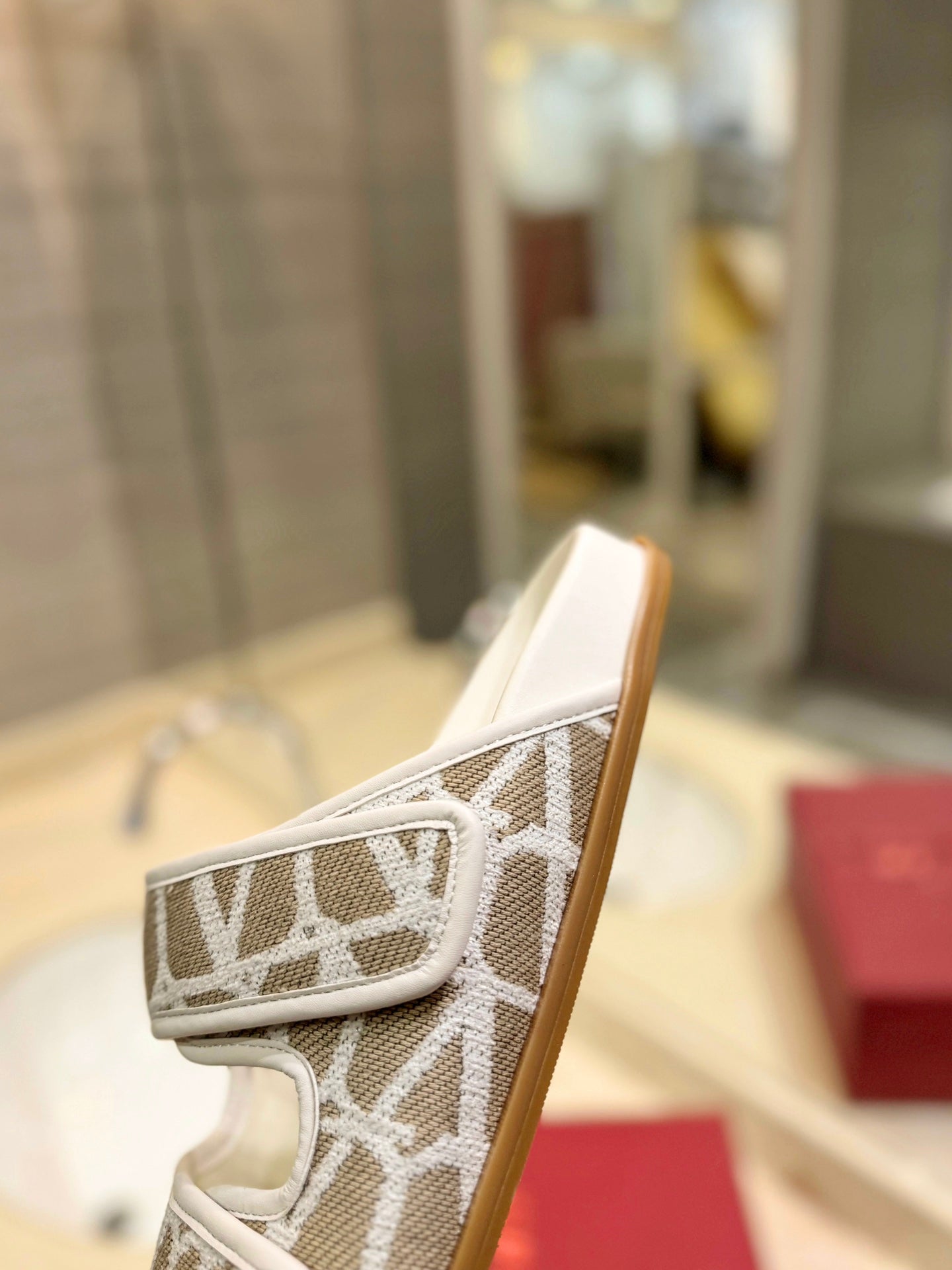 VALENTINO 26S VELCRO SANDALS IN CREAM WHITE AND BEIGE JACQUARD FABRIC