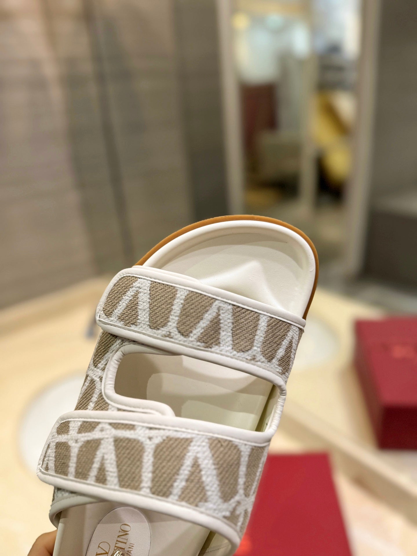 VALENTINO 26S VELCRO SANDALS IN CREAM WHITE AND BEIGE JACQUARD FABRIC